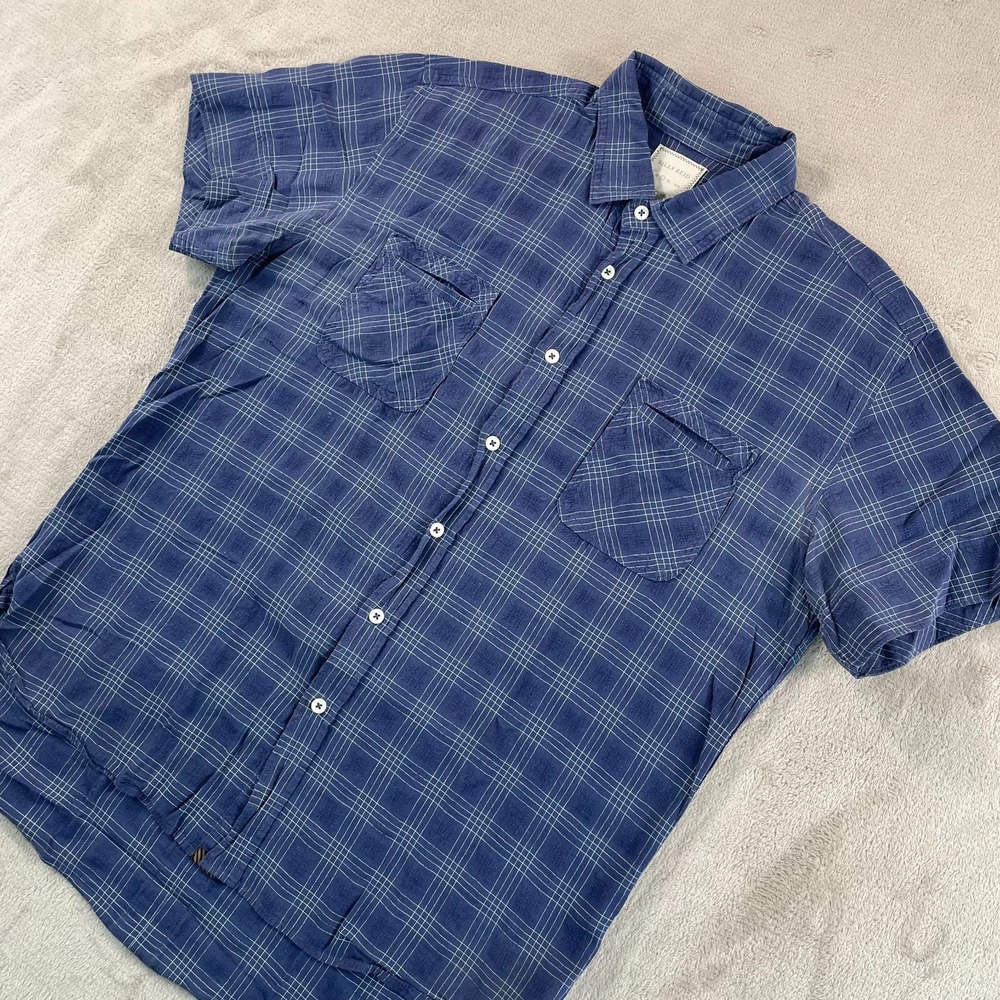 BILLY REID Tuscumbia Shirt Men Large Navy Blue‎ Plaid Linen Blend Short Sleeve